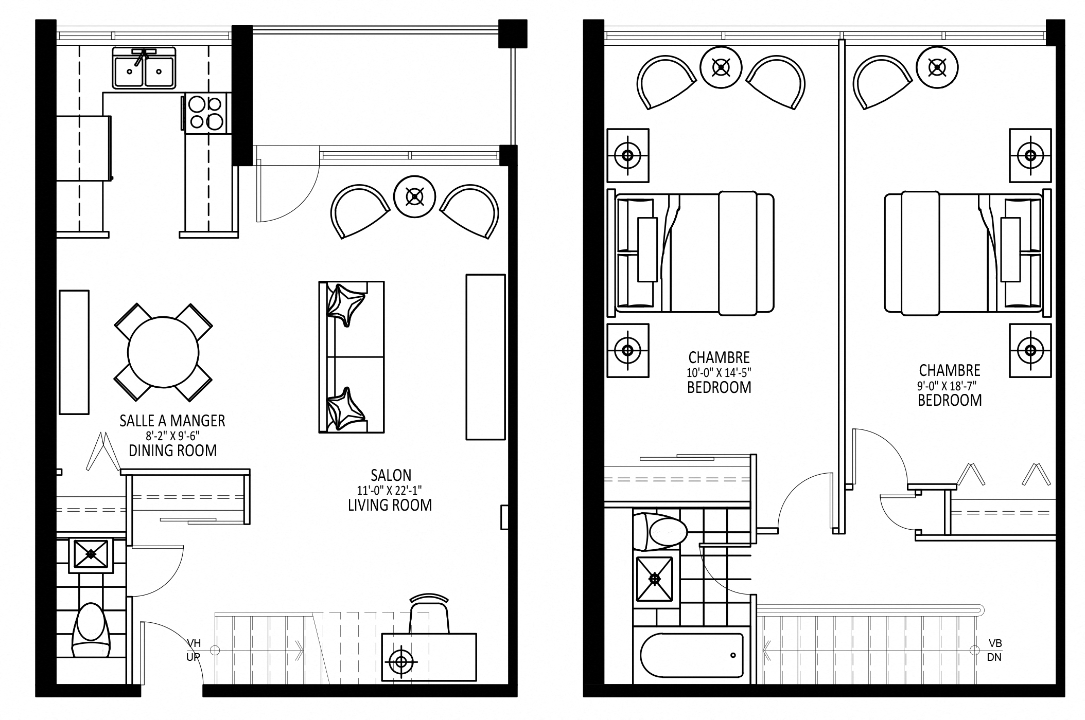 Floor plan for 2 beds, 1.5 baths, 1070 sqft